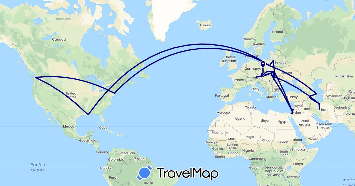 TravelMap itinerary: driving in Austria, Azerbaijan, Czech Republic, Israel, Iran, Poland, Romania, Slovakia, Ukraine, United States (Asia, Europe, North America)